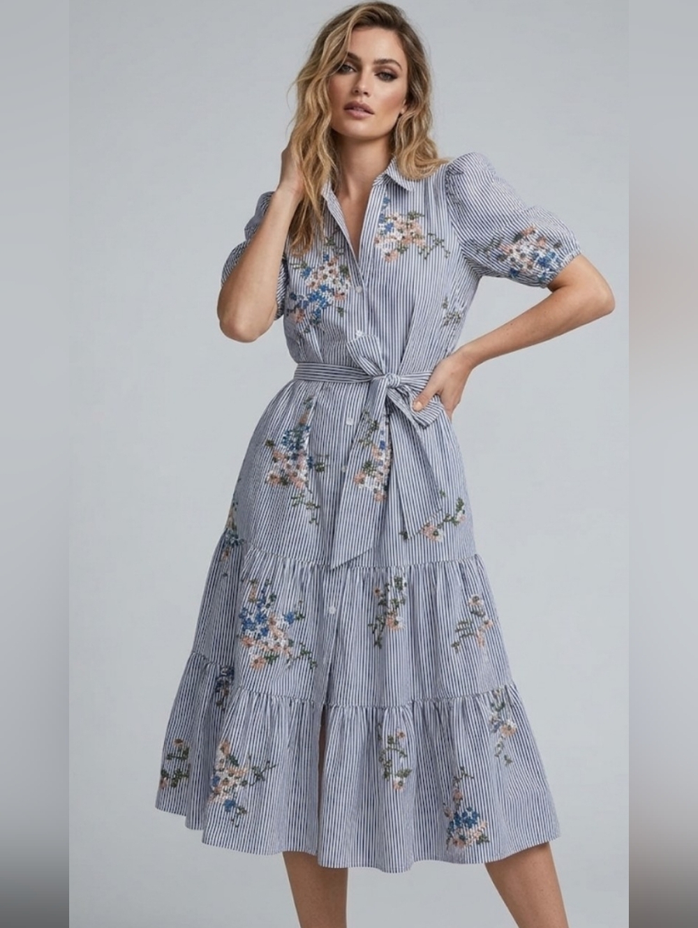 Meadow Rhodes Floral Embroidered Tiered Maxi Shirtdress Size L